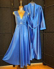 Vintage VAN RAALTE PEIGNOIR SET Medium ROYAL BLUE Sweep GOWN Long ROBE Lace 0215