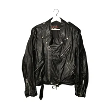 Vintage 70s Leather Motorcycle Jacket BROOKS Black Belted Brando Biker USA Sz 42