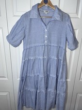 Umgee Blue Striped Tiered Babydoll Dress Women’s S Short Sleeve Boho Flowy