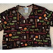 SB Scrubs Halloween Scrub Top Sz XS Small Black Spooky Ghost Spiders