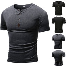 Mens Plain V-Neck Buttons Neck Short Sleeve Tops Slim Fit Muscle Shirt Blouse