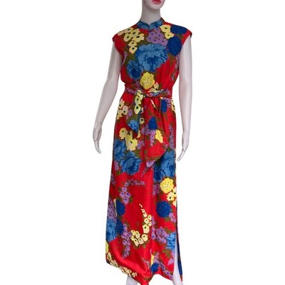 Rare Vintage 1960s Adele Simpson Red Floral Maxi Dress Gown Vintage VTG Size M