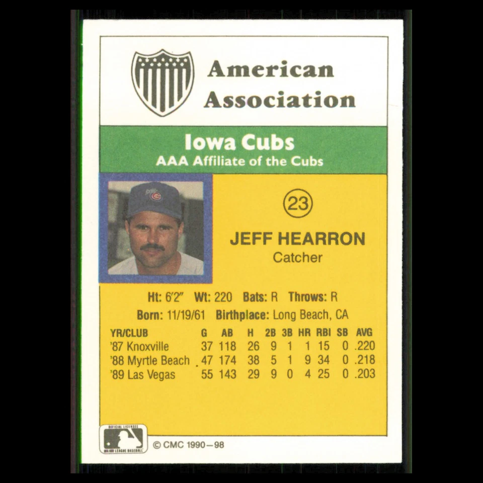 Jeff Hearron #98 1990 CMC Minor League Iowa Cubs Baseball Card MLB NM - Image 2 of 3