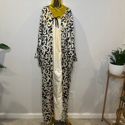 Vintage Beach Resort Coverup Natori Black Cream Scroll Print Satin Maxi Robe XL