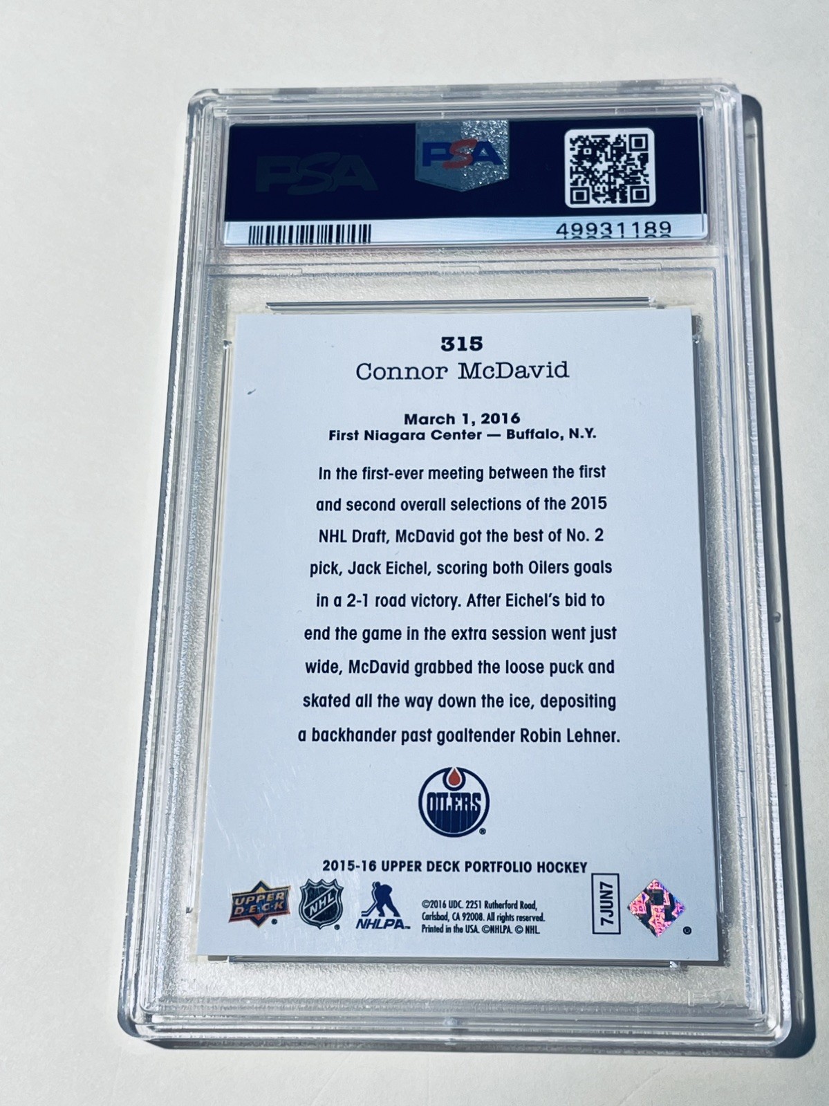 2015 U. D. Portfolio Rookie Phenom Wire Photos #315 Connor McDavid PSA 9 RC Qty view 4