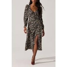ASTR the Label Floral Puff Sleeve Midi Dress Black Sweetheart Neck Slit Small