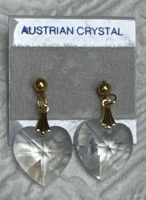 Vintage Austrian Crystal Dangle Heart-Shaped Faceted Crystal Gold Earrings