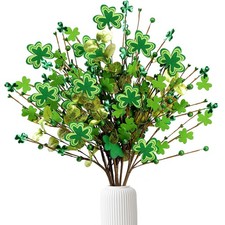 St.Patrick's Day 6 Pcs Shamrock Berry Stems Artificial Wooden Shamrock Picks Gre