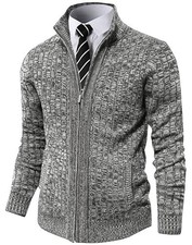 Men's Cardigan Sweaters Full Zip Up Stand Collar Slim Large Light Grey Heather