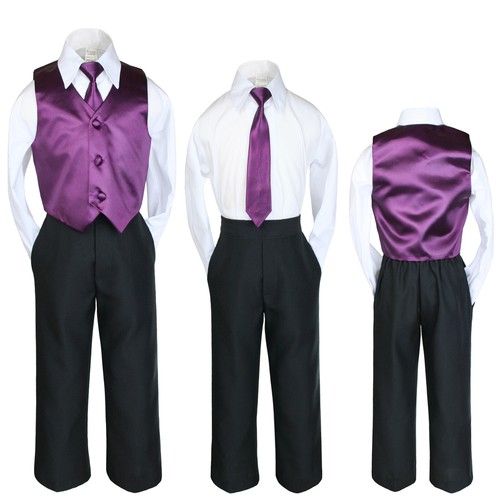 4pc Formal Suit for Baby Boy Toddler BLACK Pants + Color Vest Long Tie Set S-8 - Picture 20 of 69
