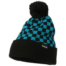 Teal Black Pom Pom Ski Checker Winter Skull Warm Cuffed Long Knit Beanie Hat