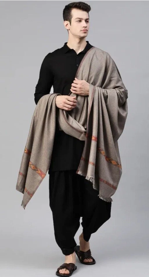 Men's Woolen Gray Kashmiri Embroidery Shawl/Stole/Wrap For Men (Size 40x80 inch)