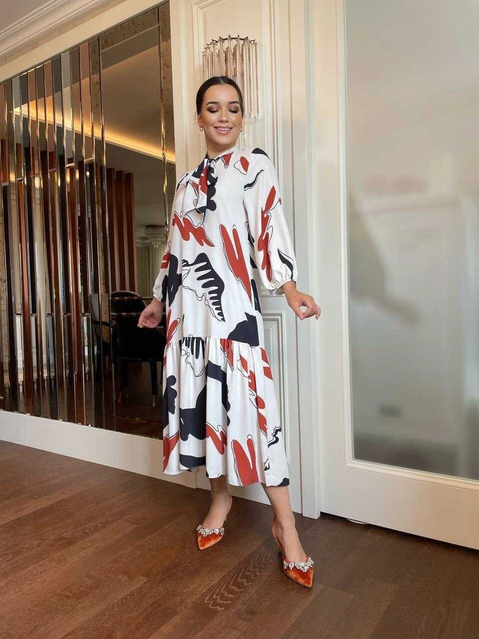 OFF WHITE Abito Zara Off bianco marrone cravatta nera collo manica lunga midi smock taglia M L 12 14