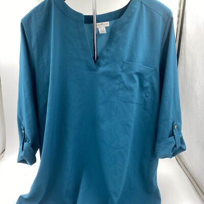 Jaclyn Smith Collection Women's  3/4 Sleeve Shirt Sz XL Pocket Blue C2/B1