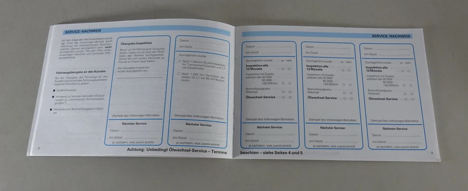 Scheckheft / Serviceplan blanko VW Bus T4 + VW Lt 28 / 31 / 35 Stand 07/1991 - Bild 3 von 3
