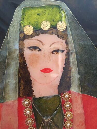 Armenian Woman Bride Traditional Red Green Gold Dress Enamel Art Double Frame - Picture 1 of 6