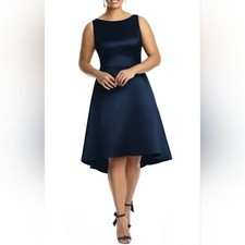 NEW Alfred Sung Size 24W  Satin Scoop Back High-Low Cocktail Gown Midnight Blue