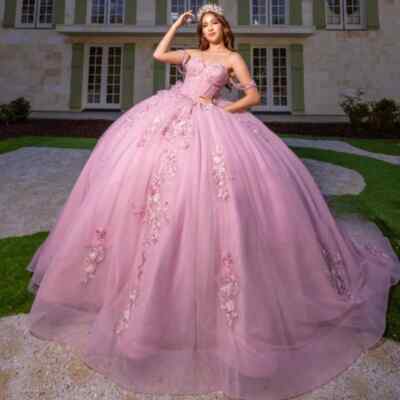 Pink Shiny Ball Gown Quinceanera Dresses Appliques Lace Beading Crystal  Sweet 16