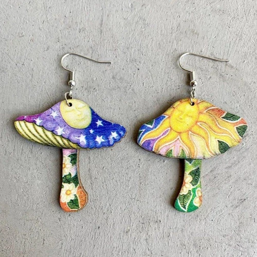 Colorful Floral Sun & Moon Mushroom Wood Dangle Earrings NEW