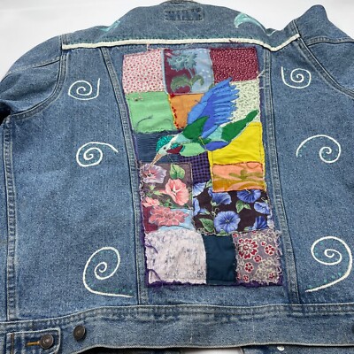 Lee Womens Floral Embroidered Jean Jacket Size M Blue Denim Boho