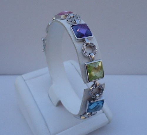STERLING SILVER BRACELET 28ct MULTI-COLOR GEMSTONES/ LAB CREATED DIAMOND/ 7.5''