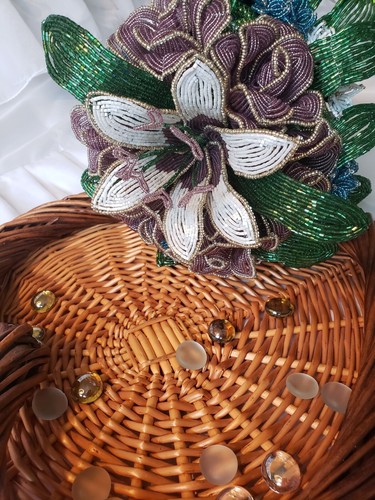 Beaded Flower Wedding Bridal Bouquet W/White Blue Purple Handmade Flowers - Picture 5 of 16