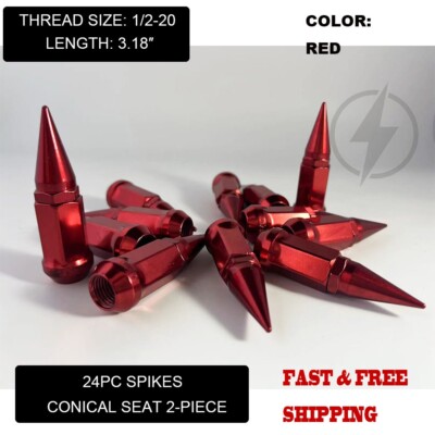 Red 24 Fits Dodge Viper Dakota Durango Nitro Bulge Acorn Spike Lug Nut 1/2-20