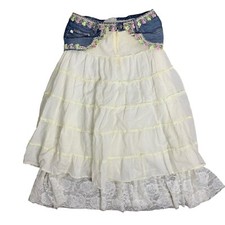 Vintage 90s Embellished Tiered Skirt M Cream Denim Lace Country Prairie Western