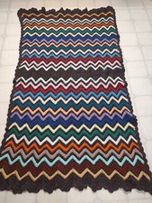 Vtg Afghan Chevron Zig Zag Crochet Multicolor Throw Blanket Handmade 65x38 Fall