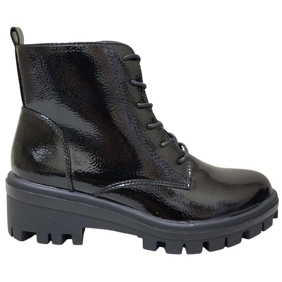 White Mountain Women Tappy Lug Sole Combat Boots Size US 5M Black Faux Patent - Image 2 of 4