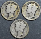 1918-PDS 10C MERCURY SILVER DIME 3 Coins KM# 140 Grade:  G/VG A6629