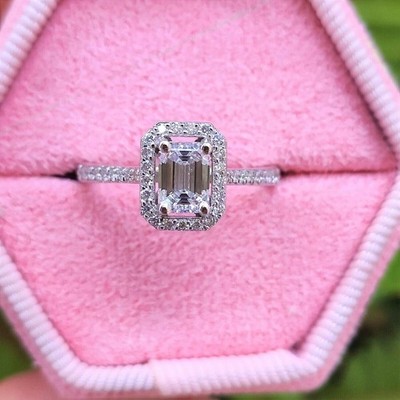 2.70 CTW Emerald Cut D Moissanite Halo Engagement Ring In 14k White Gold Plated