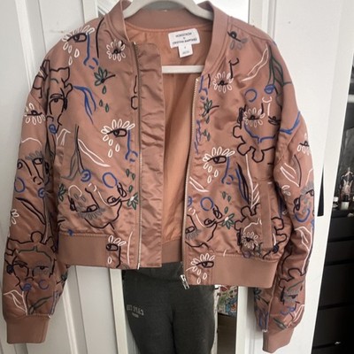 Nordstrom by Cristina Martinez Embroidered Floral Bomber Jacket Pink Full Zip S