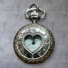 Romantic Floral Case Heart Pocket Watch Necklace Quartz Pendant Silver-tone EUC