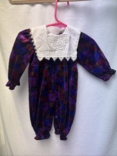 Vintage 80s 90s Baby Floral Velour Romper With Lace Rose Collar Size 0-6m