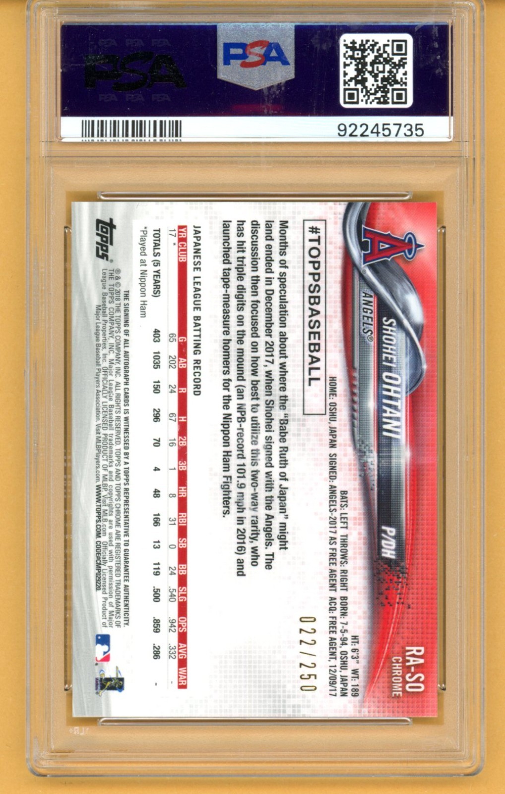 2018 Topps Chrome Shohei Ohtani AUTO ROOKIE CARD PURPLE #22/250 PSA 7 NEAR MINT view 2