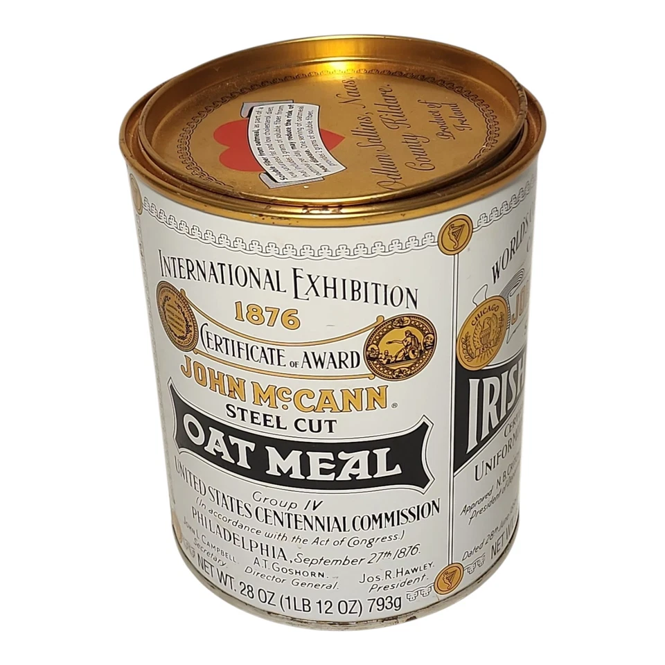 Vintage John McCann's Steel Cut Irish Oatmeal Round Tin Can 5.25" Tall Empty - Image 2 of 4
