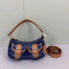 COACH Ashton Baguette Bag In Signature Canvas Denim / Brown CY700 Outlet NEW