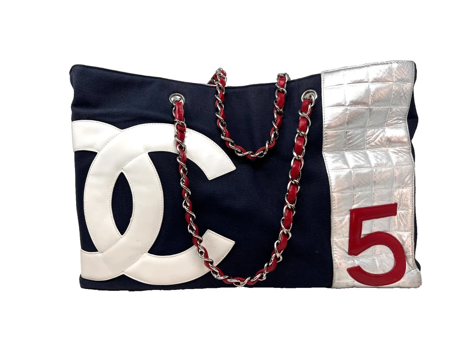 CHANEL Coco Cocoon XXL Large Navy Canvas Tote Bag with Silver Quilted Panel and - Image 2 of 4