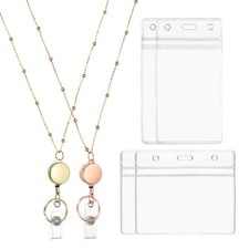 2 Pcs Round Badge Necklace Lanyard with 2 Set ID Holder, Gold Tone/Rose Gold