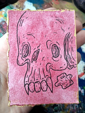 ACEO Original Art Medieval Red Vampire Skull Bone Macabre Dark Fantasy Gold
