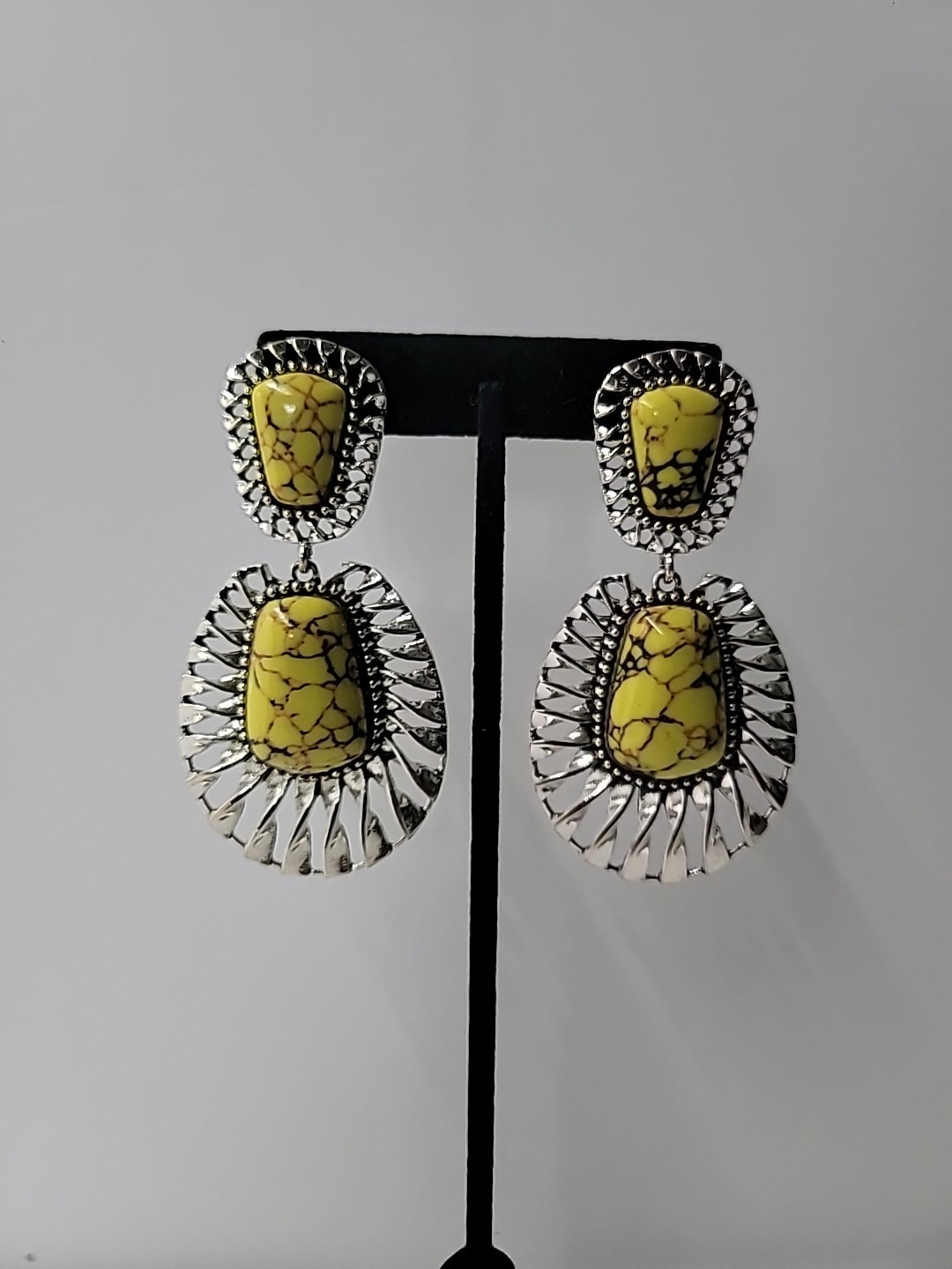 Yellow Stone Statement Dangle Earrings Silver Ton… - image 3