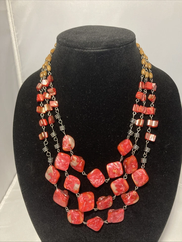 Collar Abulón Rojo Naranja con Eslabón de Cadena y Espaciadores de Cuentas de Madera 3 Hilos 16" Foto 2 de 3