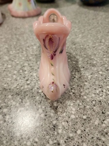 Fenton Glass Pink Hand Painted Flower Shoe Slipper Boot Signed