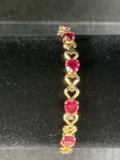 10K CI Yellow Gold Heart-Shaped Created Ruby Bracelet 7" NWT Valentine's Gift
