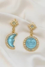Moon Sun Star Earrings Face Mismatch Gold Deco Celestial Glass CZ Asymmetric
