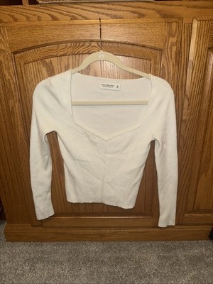 Y2K Abercrombie Sweetheart Neck Rib Knit Top Sweater Crop Jrs Preppy Med Cream