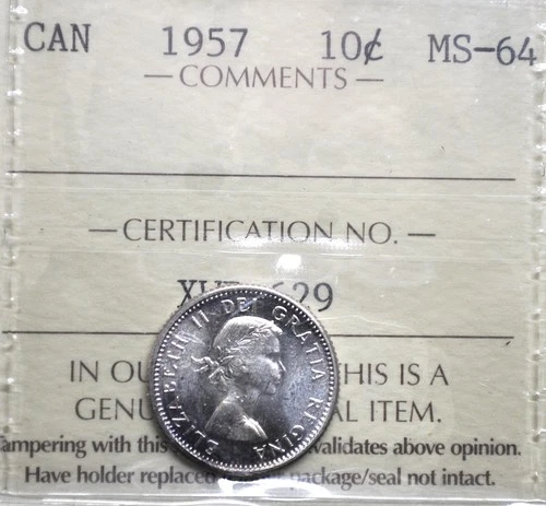 1957 Canada 10 cents ICCS graded MS-64