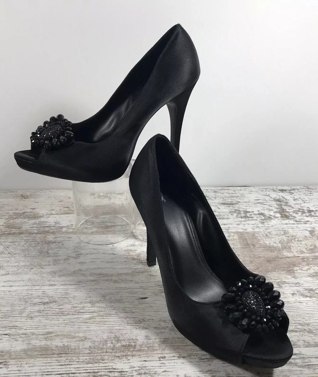 Apt 9 Aparden Open Toe Black Satin Heels Beaded Embellished Cocktail Party  Sz 9M