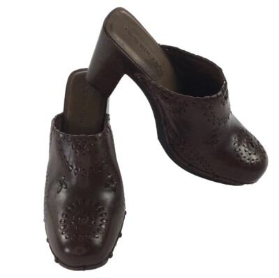 Jack Rogers USA Ali Brown Clogs Shoes Leather Wood Whipstitch Boho Chic Hippie